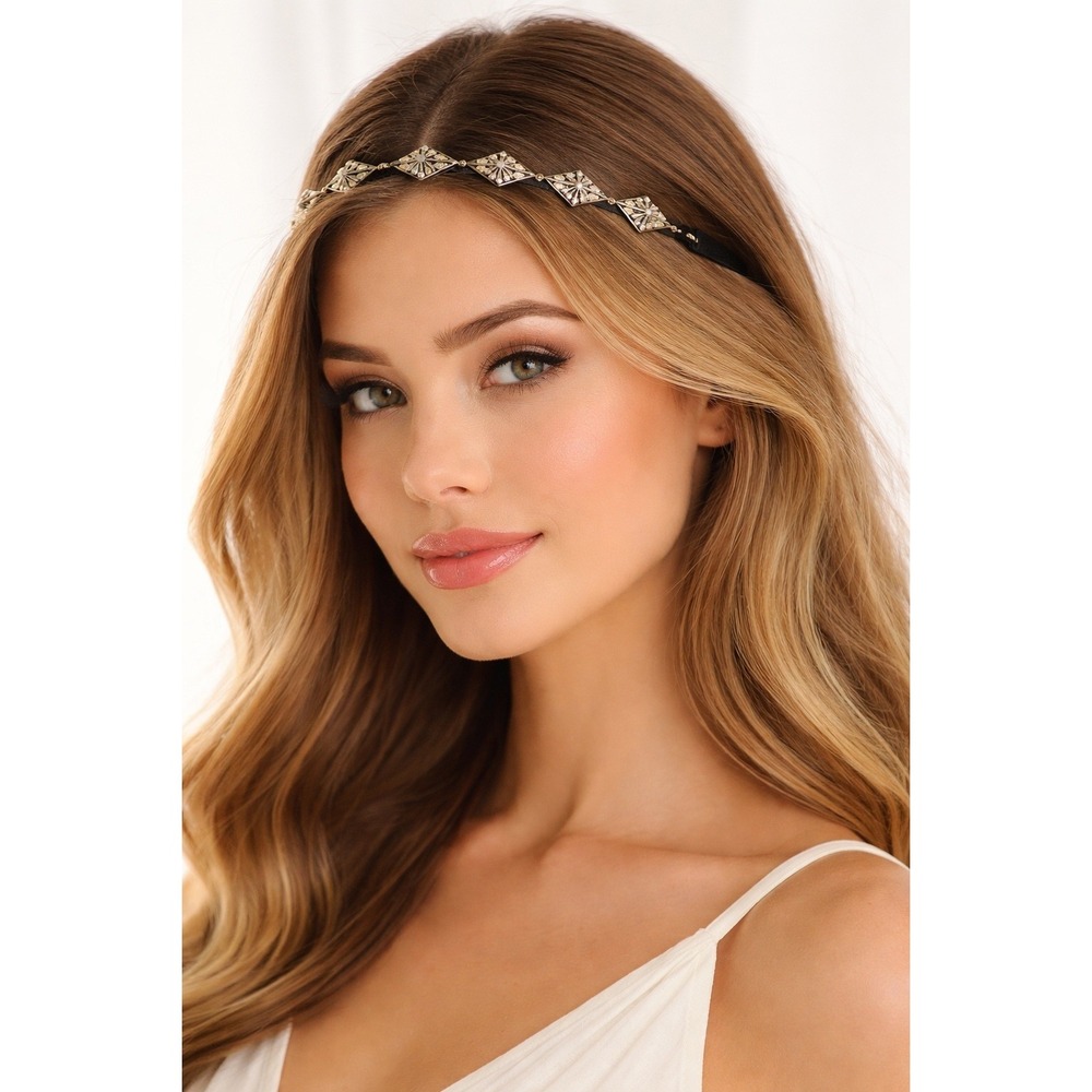 nOir Jewelry Geometric Diamond Pattern Headband Black Gold Crystal Art Deco NEW